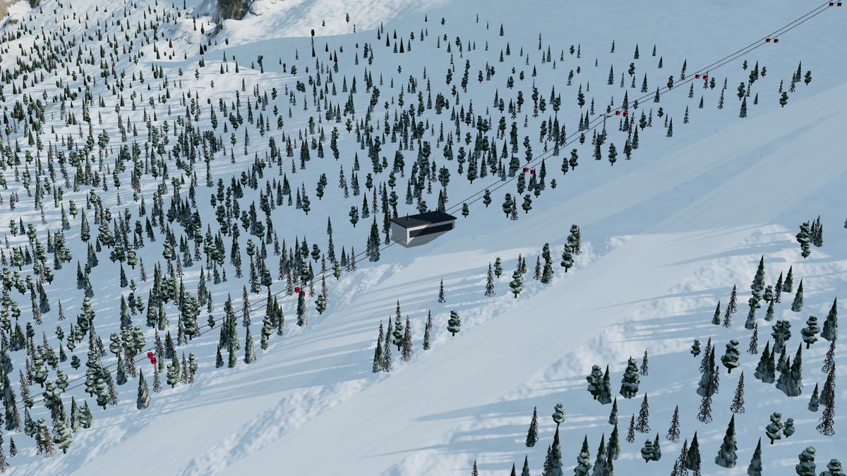 Red gondola cabins pass through a mid-station on a forested slope.