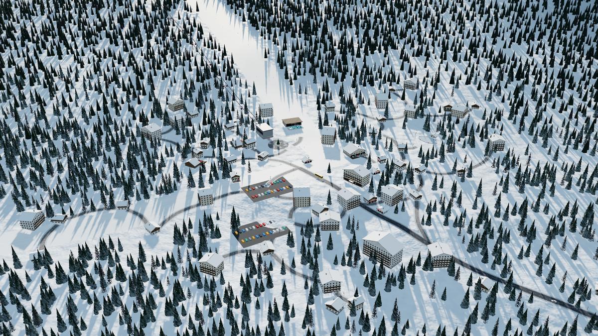 A busy ski village: hotels, chalets, an ice rink, car parks and streets at the foot of a piste through the forest.